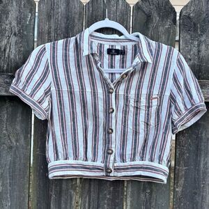 Volcom Striped Cropped Button Down Top Small